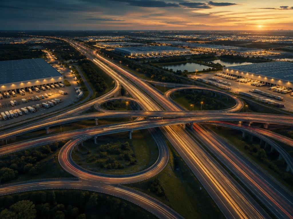 Aerial view of a highway interchange at dusk