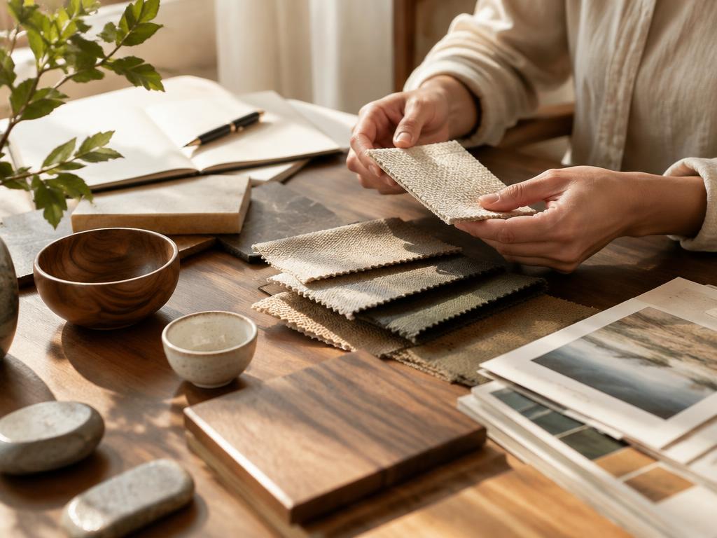Hands reviewing material samples on a wooden table